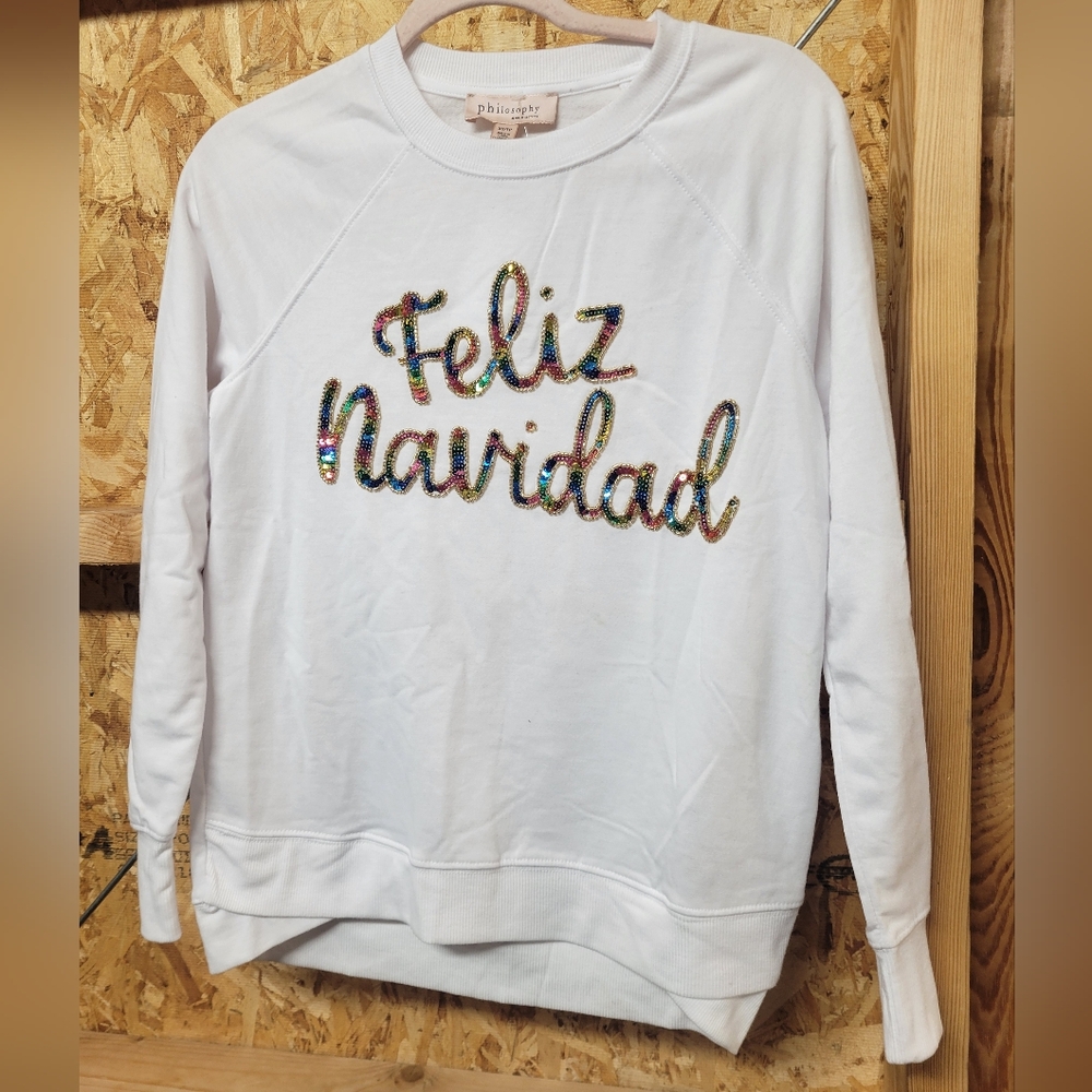 Philosophy NWT White Sweatshirt with Sequin Feliz Navidad Design Size XS